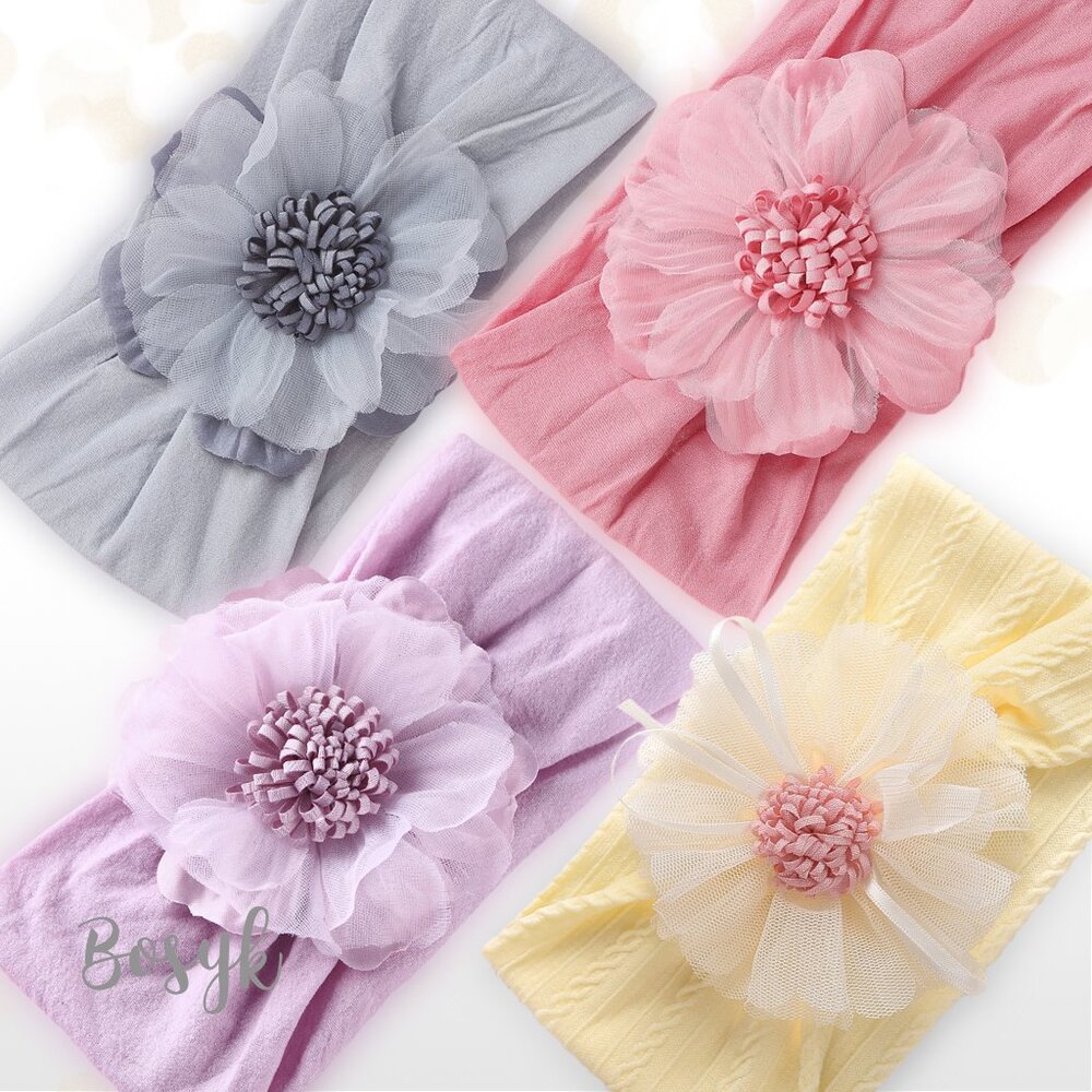 NEW - Cool grey Mauve lilac Sweet Pink Canary yellow Baby Big Flower headbands